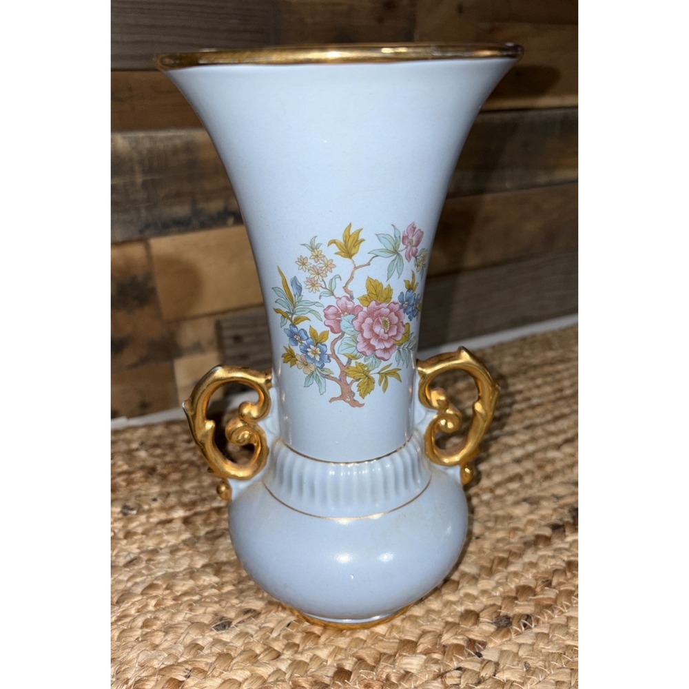 Abingdon pottery 2 Handled Vase Floral Blue USA 8 1/2" 520 Vintage Deco Art